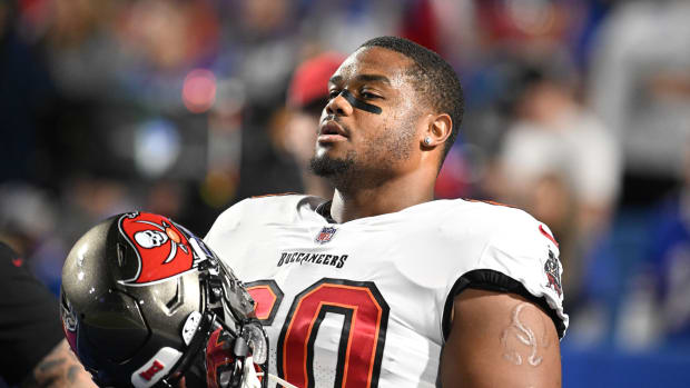 Tampa Bay Buccaneers guard Nick Leverett (60) warms up before a game against the Buffalo Bills at Highmark Stadium. Mandatory Credit: Mark Konezny-USA TODAY Sports